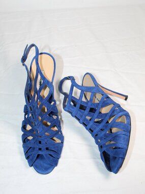 Manolo Blahnik Blue Suede Leather Cage Heels Sandals Slingback Booties 39.5